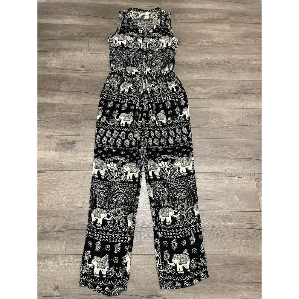 Anthropologie Lilka Jaipur Elephant Jumpsuit Black Ivory Sleeveless Sz XS - Picture 2 of 12